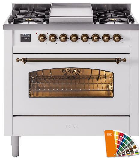 ILVE Nostalgie II 36" Dual Fuel Natural Gas Range in RAL Custom Color with Bronze Trim, UP36FNMPRAB