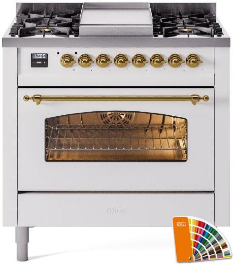 ILVE Nostalgie II 36" Dual Fuel Propane Gas Range in RAL Custom Color with Brass Trim, UP36FNMPRAGLP