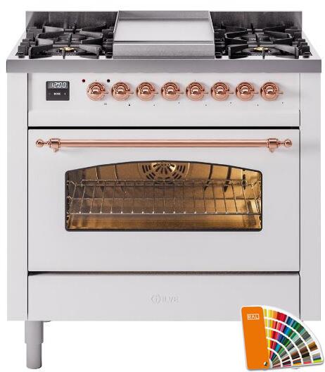 ILVE Nostalgie II 36" Dual Fuel Propane Gas Range in RAL Custom Color with Copper Trim, UP36FNMPRAPLP