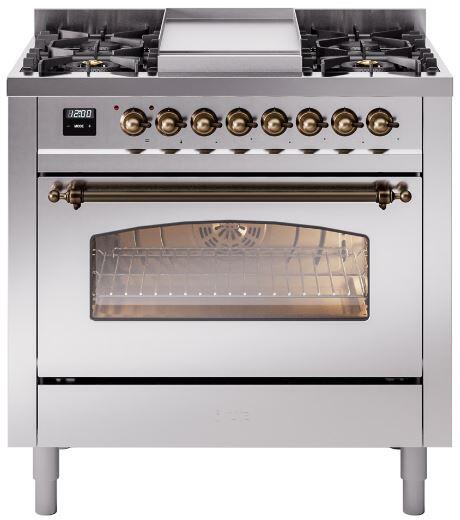 ILVE Nostalgie II 36" Dual Fuel Propane Gas Range in Stainless Steel with Bronze Trim, UP36FNMPSSBLP