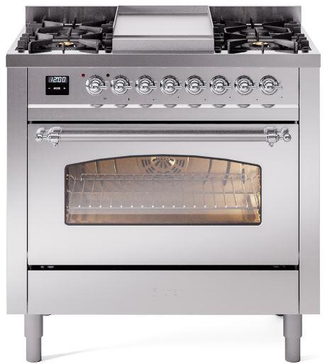 ILVE Nostalgie II 36" Dual Fuel Natural Gas Range in Stainless Steel with Chrome Trim, UP36FNMPSSC