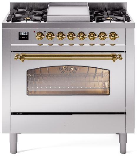 ILVE Nostalgie II 36" Dual Fuel Propane Gas Range in Stainless Steel with Brass Trim, UP36FNMPSSGLP