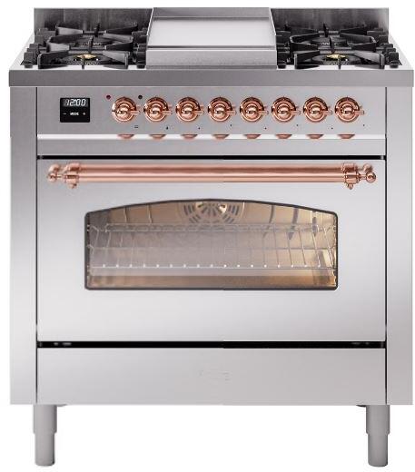 ILVE Nostalgie II 36" Dual Fuel Propane Gas Range in Stainless Steel with Copper Trim, UP36FNMPSSPLP