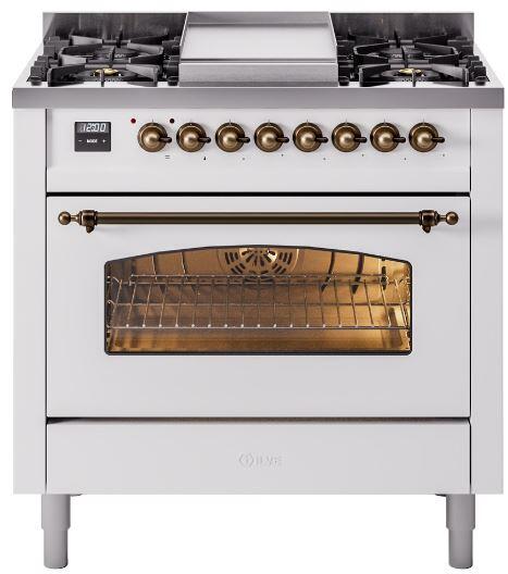 ILVE Nostalgie II 36" Dual Fuel Propane Gas Range in White with Bronze Trim, UP36FNMPWHBLP