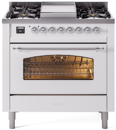 ILVE Nostalgie II 36" Dual Fuel Natural Gas Range in White with Chrome Trim, UP36FNMPWHC