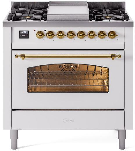 ILVE Nostalgie II 36" Dual Fuel Propane Gas Range in White with Brass Trim, UP36FNMPWHGLP