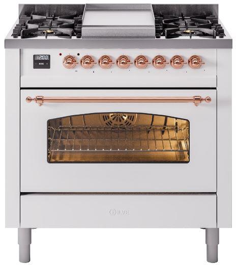 ILVE Nostalgie II 36" Dual Fuel Propane Gas Range in White with Copper Trim, UP36FNMPWHPLP