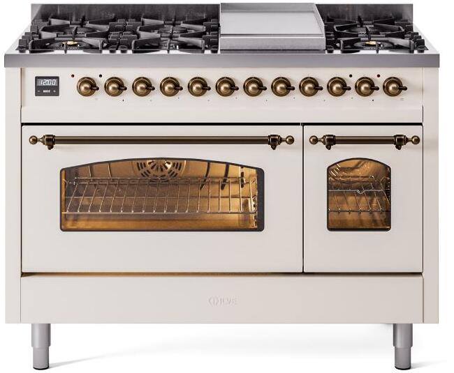 ILVE Nostalgie II 48" Dual Fuel Propane Gas Range in Antique White with Bronze Trim, UP48FNMPAWBLP