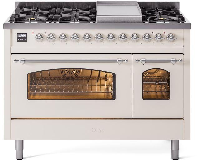 ILVE Nostalgie II 48" Dual Fuel Natural Gas Range in Antique White with Chrome Trim, UP48FNMPAWC