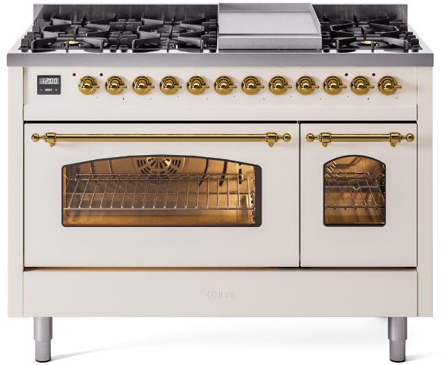 ILVE Nostalgie II 48" Dual Fuel Propane Gas Range in Antique White with Brass Trim, UP48FNMPAWGLP