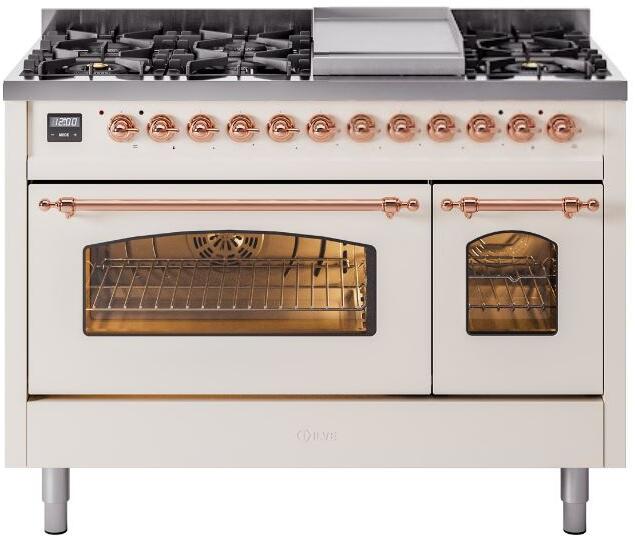 ILVE Nostalgie II 48" Dual Fuel Propane Gas Range in Antique White with Copper Trim, UP48FNMPAWPLP