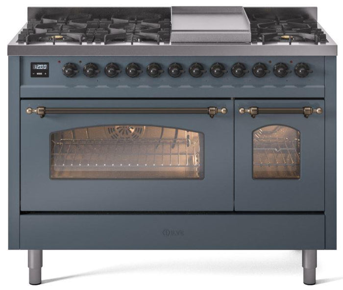 ILVE Nostalgie II 48" Dual Fuel Propane Gas Range in Blue Grey with Bronze Trim, UP48FNMPBGBLP