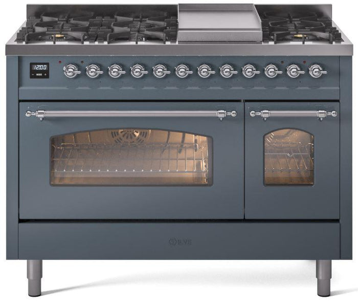 ILVE Nostalgie II 48" Dual Fuel Natural Gas Range in Blue Grey with Chrome Trim, UP48FNMPBGC