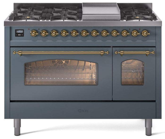 ILVE Nostalgie II 48" Dual Fuel Propane Gas Range in Blue Grey with Brass Trim, UP48FNMPBGGLP