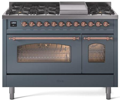 ILVE Nostalgie II 48" Dual Fuel Propane Gas Range in Blue Grey with Copper Trim, UP48FNMPBGPLP