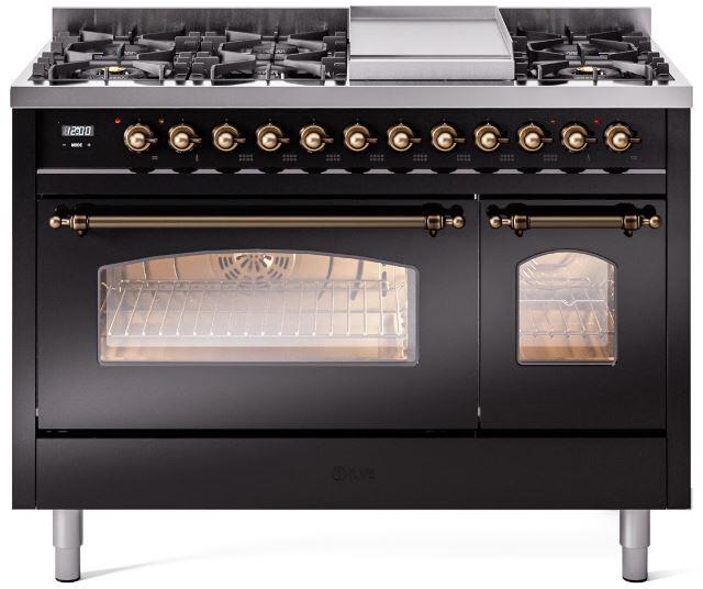 ILVE Nostalgie II 48" Dual Fuel Propane Gas Range in Black with Bronze Trim, UP48FNMPBKBLP