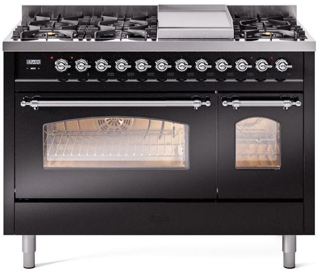 ILVE Nostalgie II 48" Dual Fuel Natural Gas Range in Black with Chrome Trim, UP48FNMPBKC