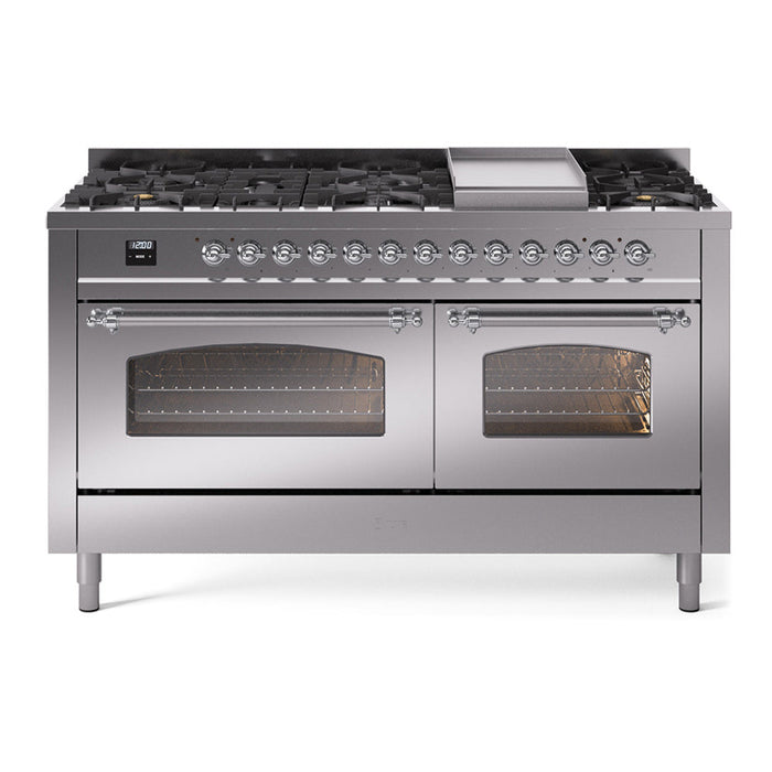 ILVE Nostalgie II 60" Dual Fuel Range with 9 Sealed Burners + Griddle + Triple Glass Door - UP60FNMP