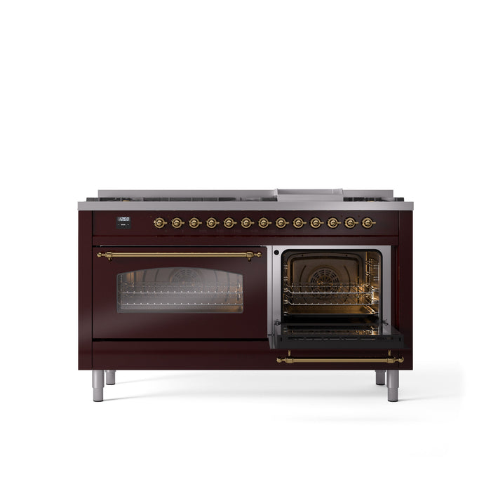 ILVE Nostalgie II 60" Dual Fuel Range with 9 Sealed Burners + Griddle + Triple Glass Door - UP60FNMP