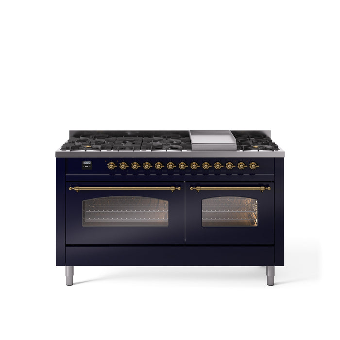 ILVE Nostalgie II 60" Dual Fuel Range with 9 Sealed Burners + Griddle + Triple Glass Door - UP60FNMP