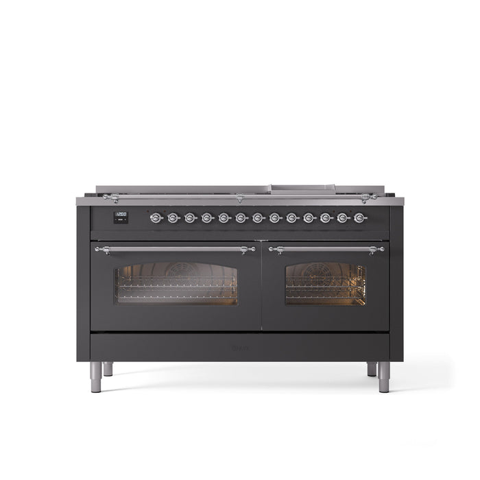 ILVE Nostalgie II 60" Dual Fuel Range with 9 Sealed Burners + Griddle + Triple Glass Door - UP60FNMP