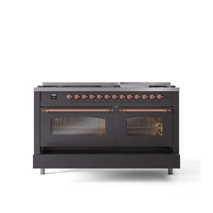 ILVE Nostalgie II 60" Dual Fuel Range with 9 Sealed Burners + Griddle + Triple Glass Door - UP60FNMP