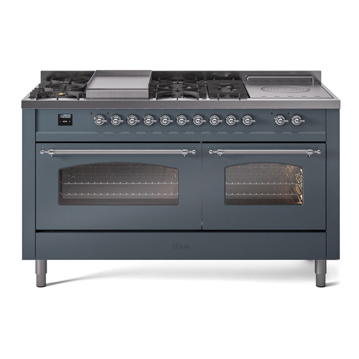 ILVE 60" Nostalgie II Dual Fuel Range with 7 Sealed Burners + Griddle + French Top, Triple Glass Door - UP60FSNMP