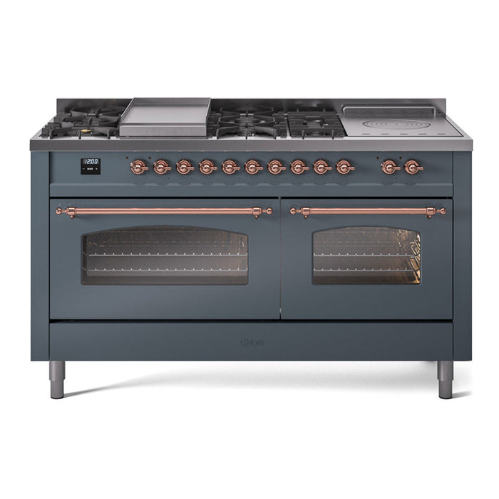 ILVE 60" Nostalgie II Dual Fuel Range with 7 Sealed Burners + Griddle + French Top, Triple Glass Door - UP60FSNMP