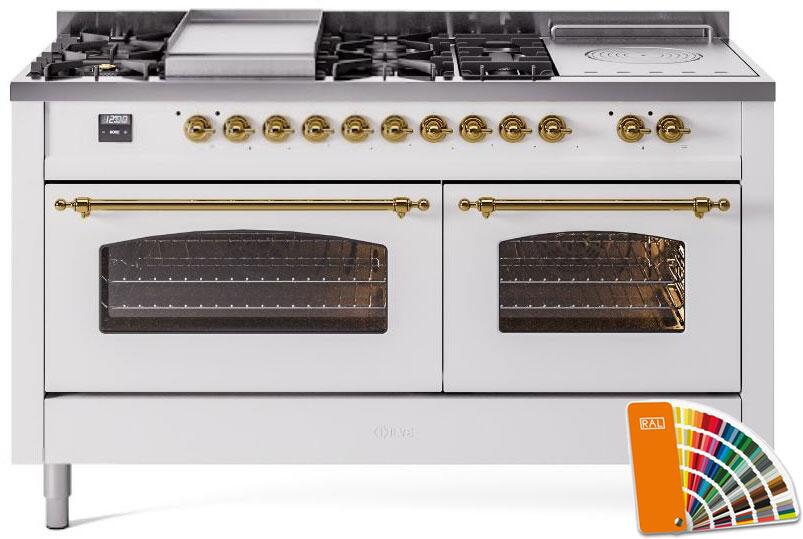 ILVE Nostalgie II 60" Dual Fuel Propane Gas Range in RAL Custom Color with Brass Trim, UP60FSNMPRAGLP