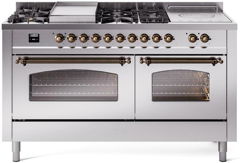 ILVE Nostalgie II 60" Dual Fuel Natural Gas Range in Stainless Steel with Bronze Trim, UP60FSNMPSSB