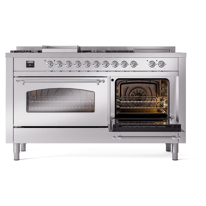 ILVE 60" Nostalgie II Dual Fuel Range with 7 Sealed Burners + Griddle + French Top, Triple Glass Door - UP60FSNMP