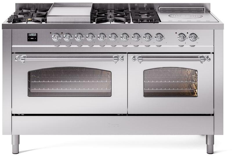 ILVE Nostalgie II 60" Dual Fuel Natural Gas Range in Stainless Steel with Chrome Trim, UP60FSNMPSSC