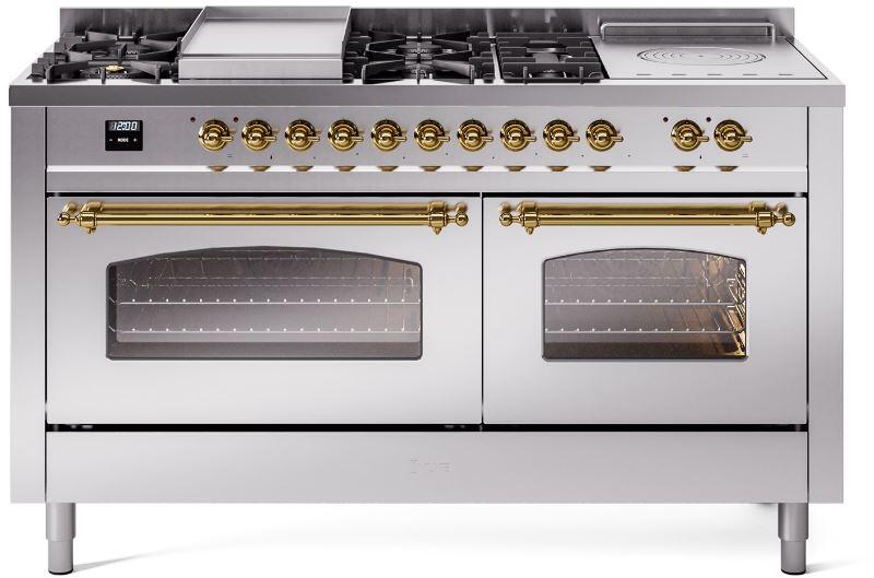 ILVE Nostalgie II 60" Dual Fuel Propane Gas Range in Stainless Steel with Brass Trim, UP60FSNMPSSGLP