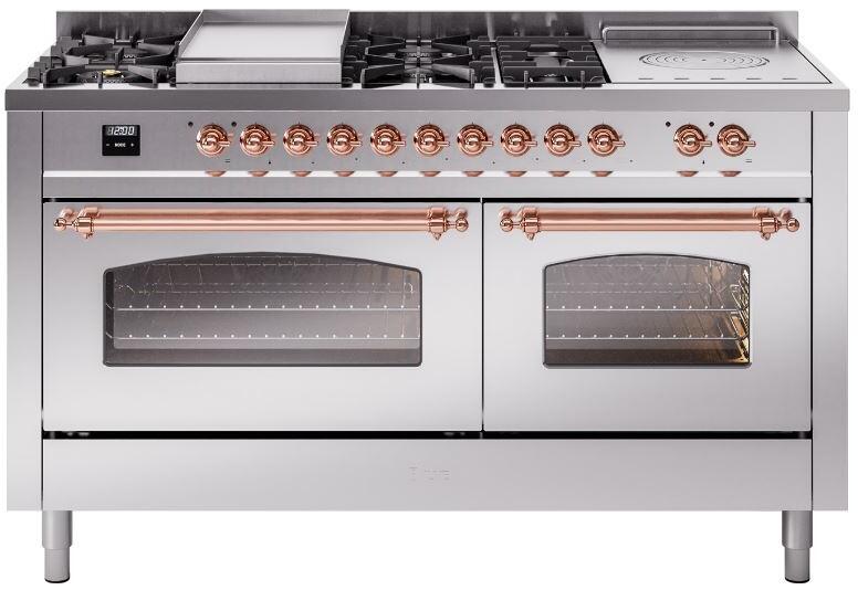 ILVE Nostalgie II 60" Dual Fuel Propane Gas Range in Stainless Steel with Copper Trim, UP60FSNMPSSPLP