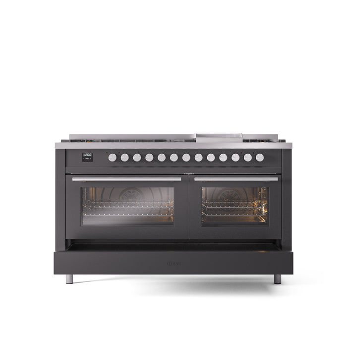 ILVE 60" Professional Plus II Dual Fuel Range with 9 Sealed Burners + Griddle, Triple Glass Door - UP60FWMP