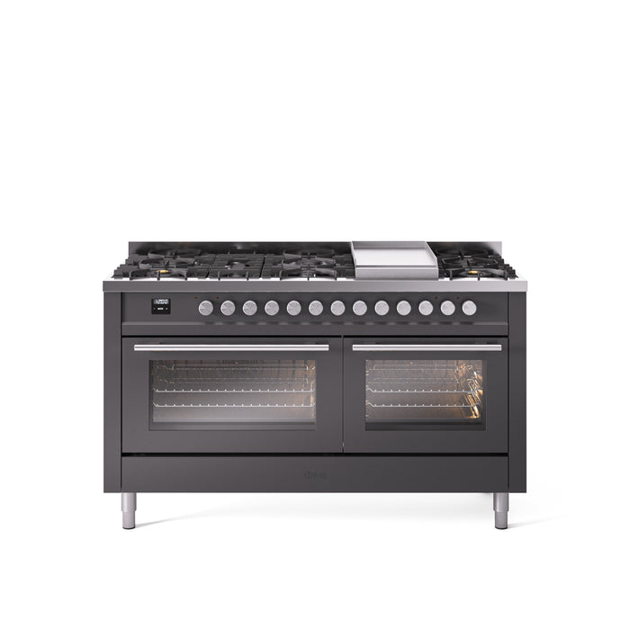 ILVE 60" Professional Plus II Dual Fuel Range with 9 Sealed Burners + Griddle, Triple Glass Door - UP60FWMP