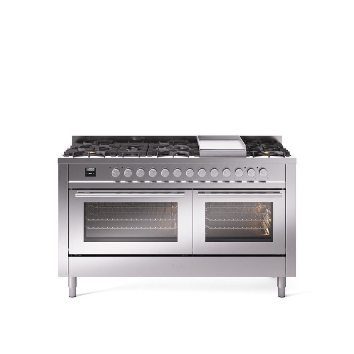 ILVE 60" Professional Plus II Dual Fuel Range with 9 Sealed Burners + Griddle, Triple Glass Door - UP60FWMP