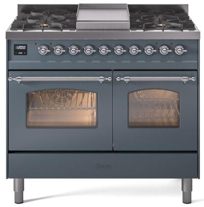 ILVE Nostalgie II 40" Dual Fuel Natural Gas Range in Blue Grey with Chrome Trim, UPD40FNMPBGC