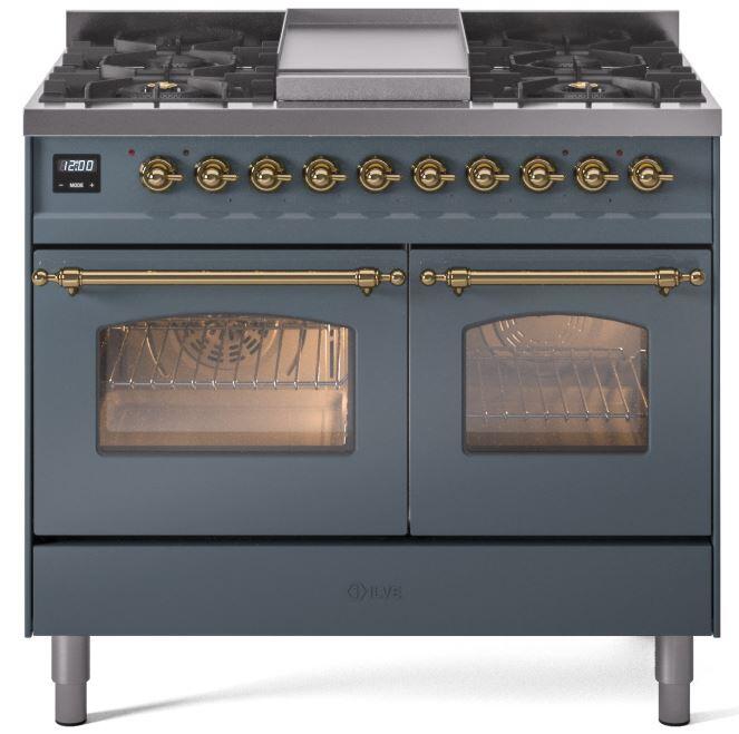 ILVE Nostalgie II 40" Dual Fuel Propane Gas Range in Blue Grey with Brass Trim, UPD40FNMPBGGLP