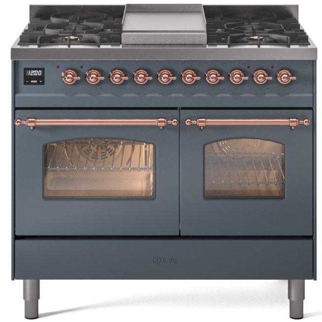 ILVE Nostalgie II 40" Dual Fuel Propane Gas Range in Blue Grey with Copper Trim, UPD40FNMPBGPLP