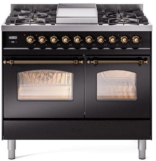 ILVE Nostalgie II 40" Dual Fuel Natural Gas Range in Black with Bronze Trim, UPD40FNMPBKB