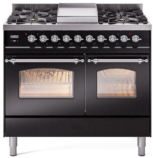 ILVE Nostalgie II 40" Dual Fuel Propane Gas Range in Black with Chrome Trim, UPD40FNMPBKCLP