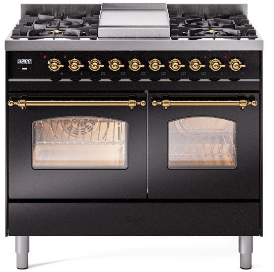 ILVE Nostalgie II 40" Dual Fuel Propane Gas Range in Black with Brass Trim, UPD40FNMPBKGLP