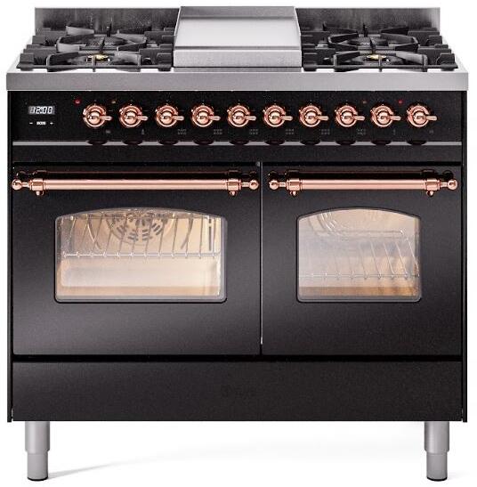 ILVE Nostalgie II 40" Dual Fuel Propane Gas Range in Black with Copper Trim, UPD40FNMPBKPLP