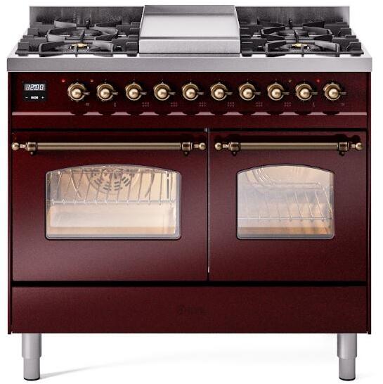 ILVE Nostalgie II 40" Dual Fuel Propane Gas Range in Burgundy with Bronze Trim, UPD40FNMPBUBLP