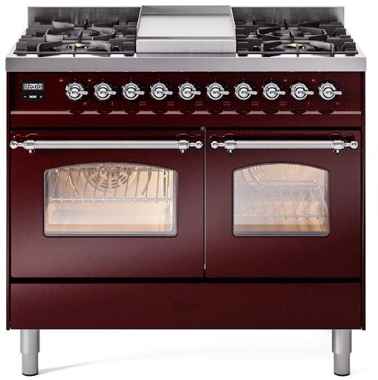 ILVE Nostalgie II 40" Dual Fuel Propane Gas Range in Burgundy with Chrome Trim, UPD40FNMPBUCLP