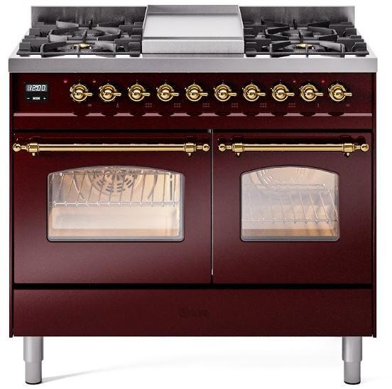 ILVE Nostalgie II 40" Dual Fuel Natural Gas Range in Burgundy with Brass Trim, UPD40FNMPBUG