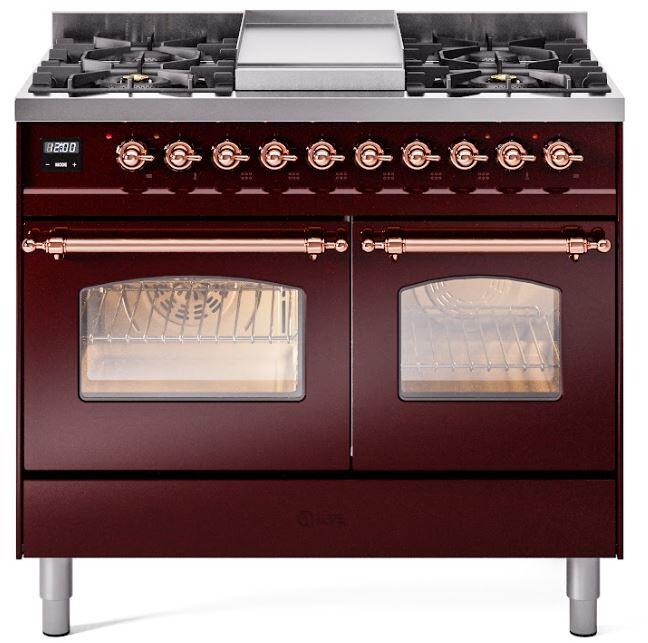 ILVE Nostalgie II 40" Dual Fuel Natural Gas Range in Burgundy with Copper Trim, UPD40FNMPBUP