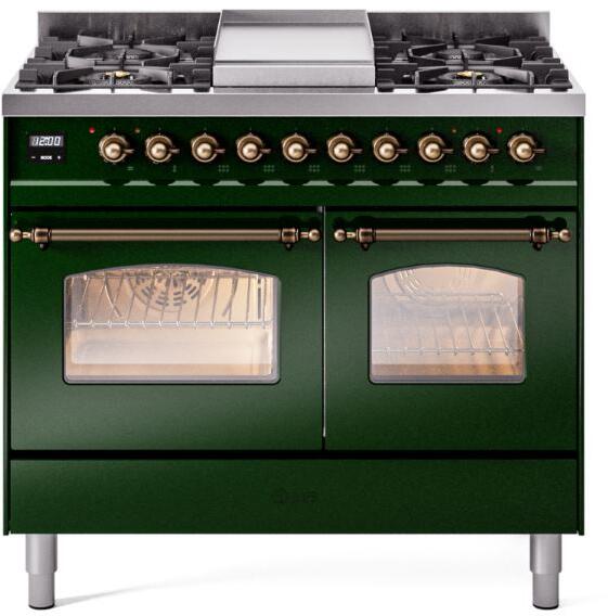 ILVE Nostalgie II 40" Dual Fuel Natural Gas Range in Emerald Green with Bronze Trim, UPD40FNMPEGB