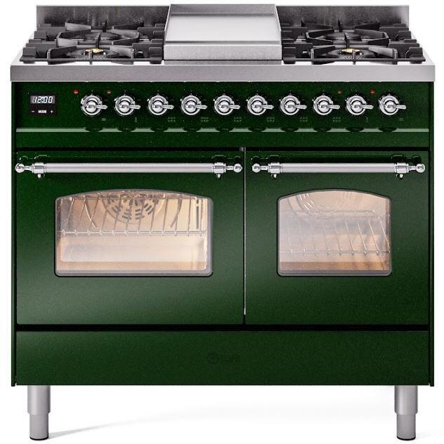 ILVE Nostalgie II 40" Dual Fuel Propane Gas Range in Emerald Green with Chrome Trim, UPD40FNMPEGCLP